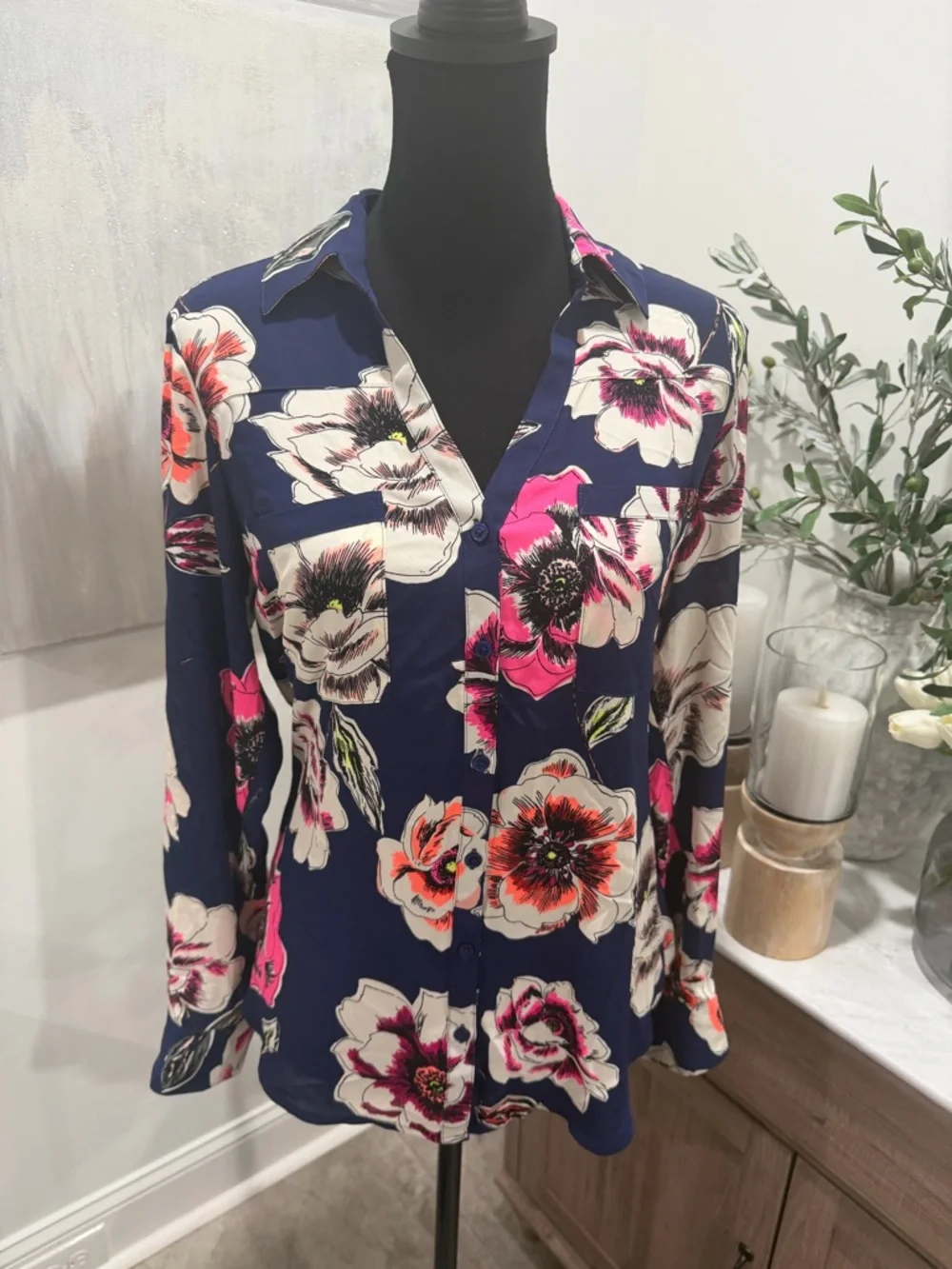 NWT Express Button-Down Shirt with Pink, White, and Orange Floral Print - Picture 1 of 8